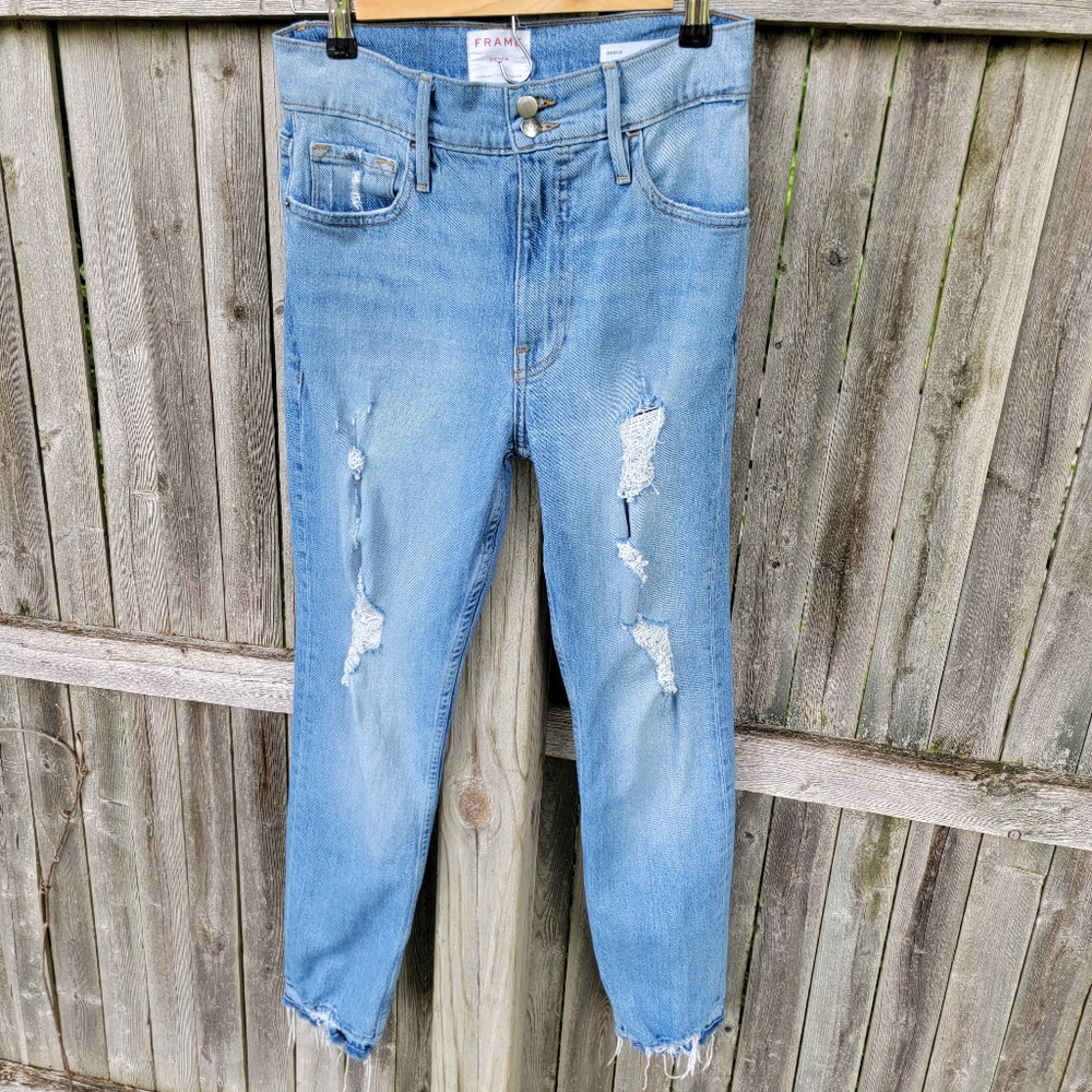 FRAME Le Syvlie Slender Straight Leg Jeans Distressed Size 27 Raw Hem Stretch